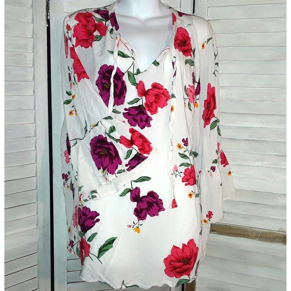 Old Navy Woman's Blouse Size XXL Saturated Floral 3/4 Bell Sleeve Peasant Blouse